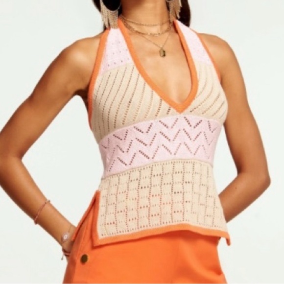 Ramy Brook Cream and Orange Asymmetrical Cropped Tank Top